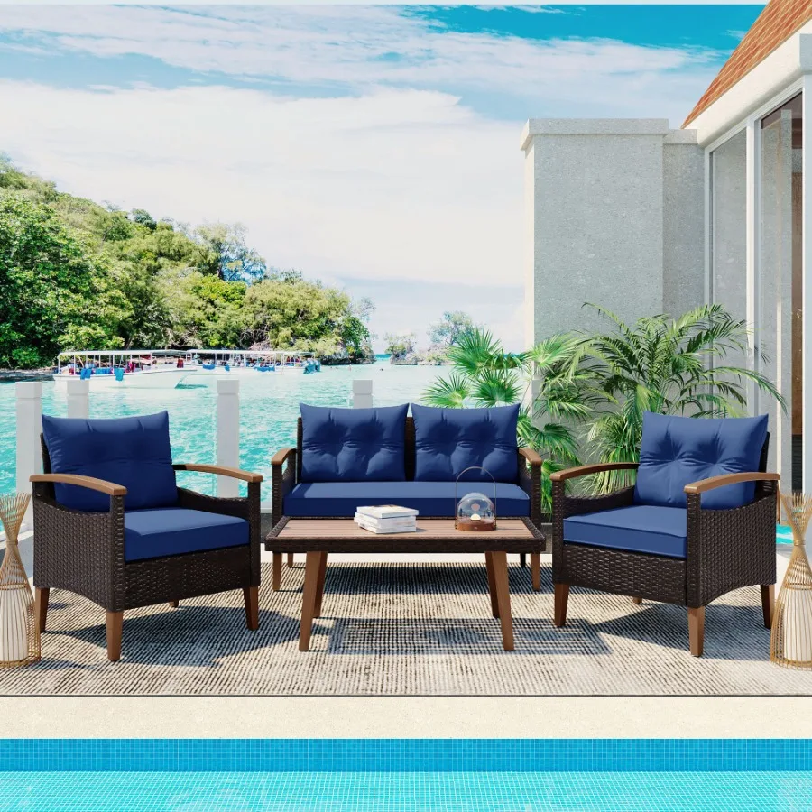 GO 4Piece Garden Furniture Patio Seating Set PE Rattan Outdoor Sofa Set Wood Table and Legs Brown and Blue
GO 4Piece Garden Furniture Patio Seating Set PE Rattan Outdoor Sofa Set Wood Table and Legs Brown and Blue