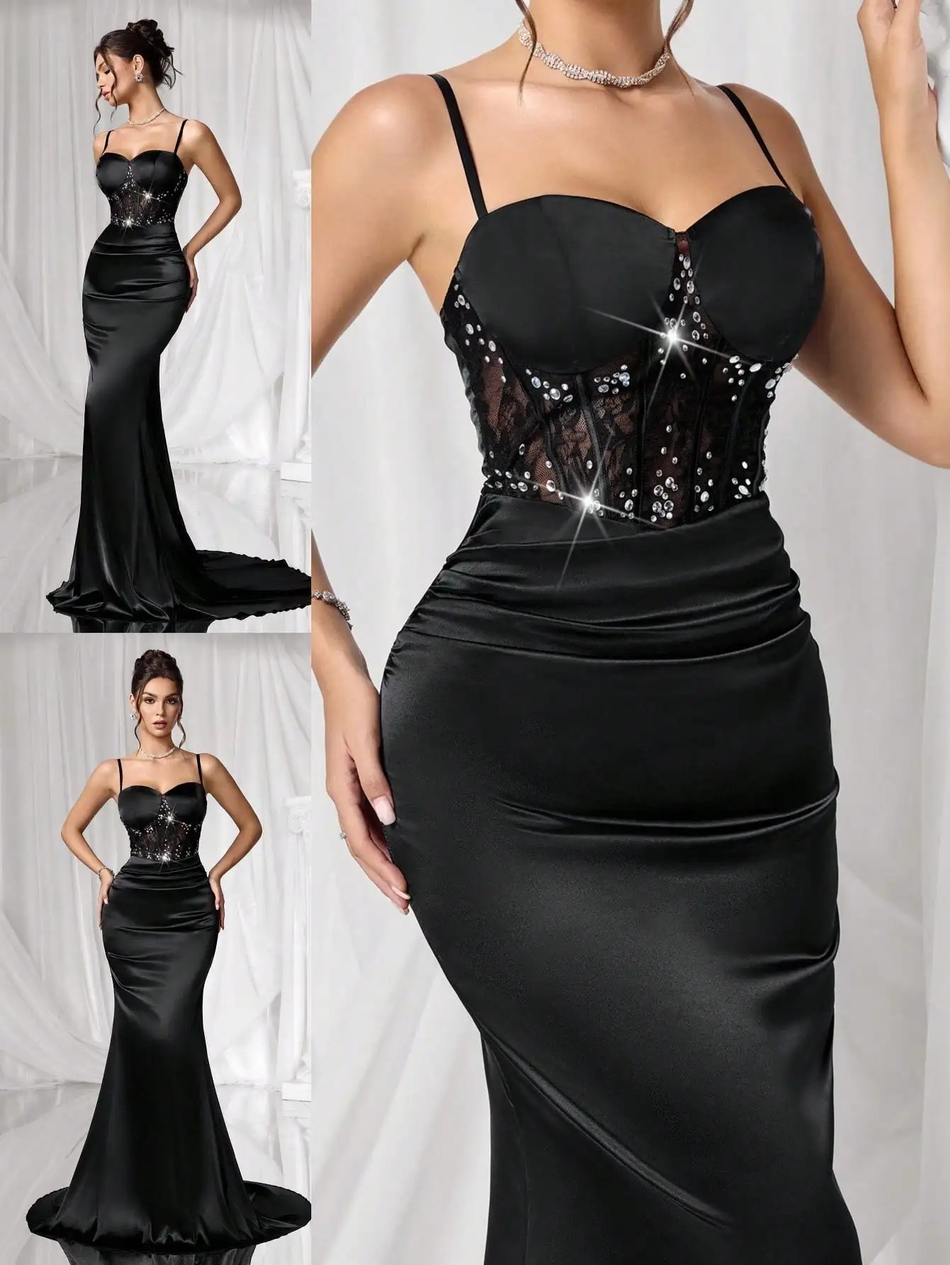 Black Mermaid Evening Gown with Crystal Embellished Corset Bodice and Satin Skirt
Black Mermaid Evening Gown with Crystal Embellished Corset Bodice and Satin Skirt