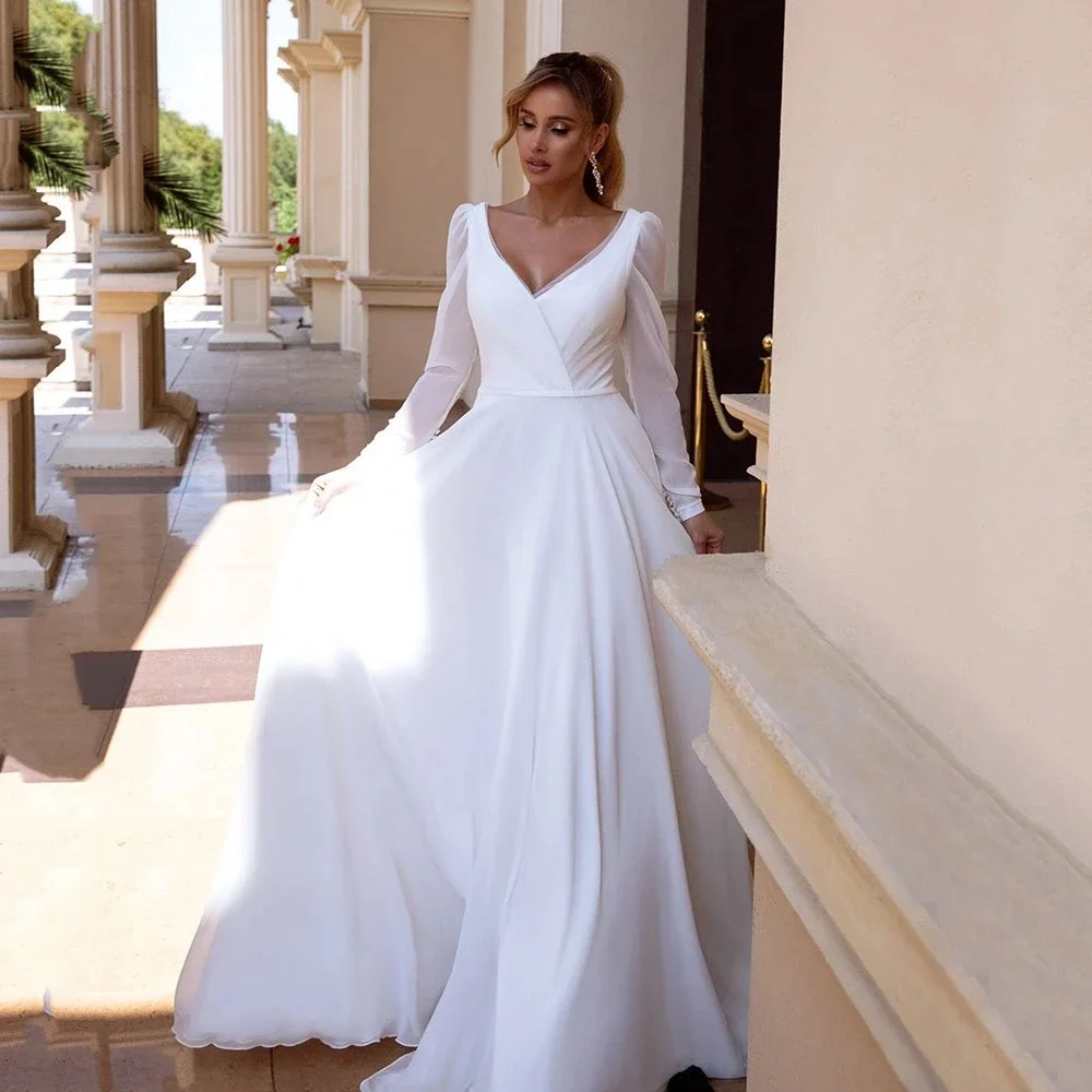 Pure White Chiffon Beach Wedding Dresses V Neck Full Long Sleeves Sweep Train Elegant Women Bridal Gowns Simple Outdoor Marriage
Pure White Chiffon Beach Wedding Dresses V Neck Full Long Sleeves Sweep Train Elegant Women Bridal Gowns Simple Outdoor Marriage