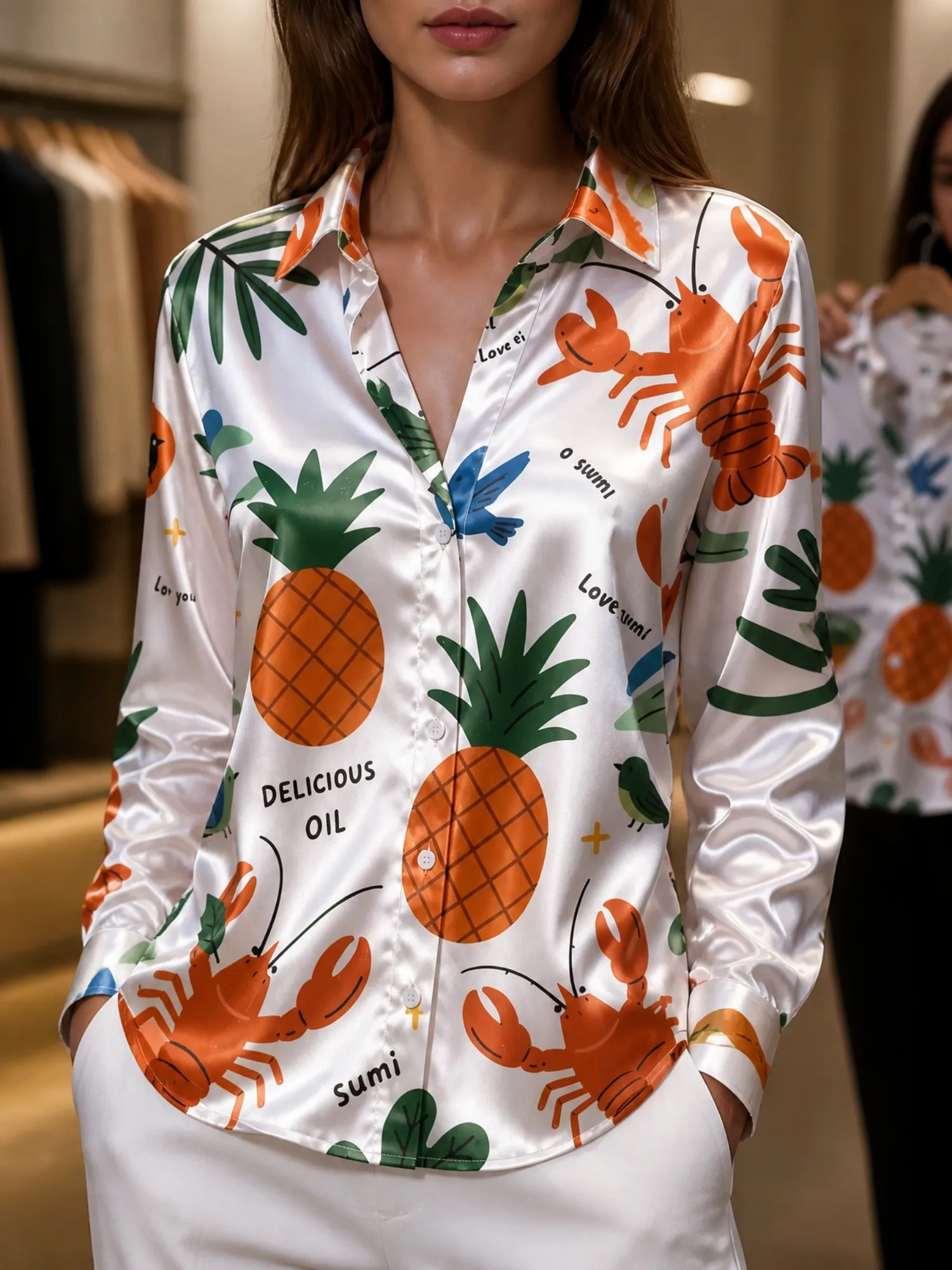 White Pineapple Crab Satin Blouse for Women Long Sleeve Button Down Shirt Boutique Shopping Beach Vacation Casual Silky Top Look
White Pineapple Crab Satin Blouse for Women Long Sleeve Button Down Shirt Boutique Shopping Beach Vacation Casual Silky Top Look