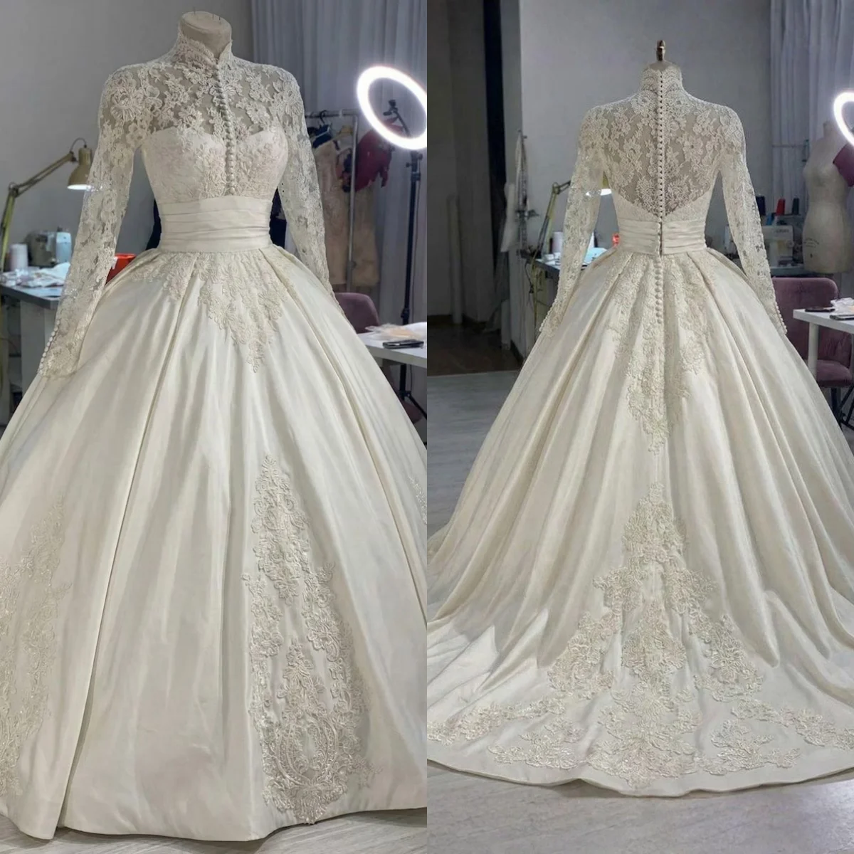 Custom Vintage High Neck Satin Ball Gown Wedding Dress Elegant Long Sleeve Lace Applique Bridal Gown Train Vestido De Novia
Custom Vintage High Neck Satin Ball Gown Wedding Dress Elegant Long Sleeve Lace Applique Bridal Gown Train Vestido De Novia
