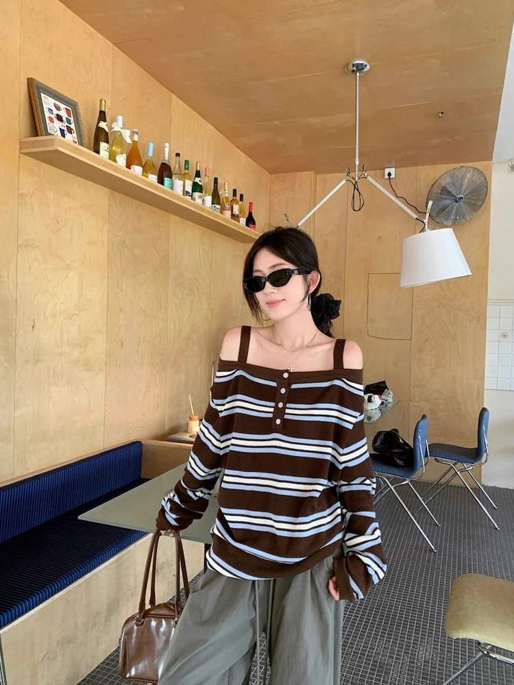 Lazy Stripe One oulder Long Sve Knitted Sweater Women's Loose Design Sense Strap Top Casual Sle Spring New Arrival
Lazy Stripe One oulder Long Sve Knitted Sweater Women's Loose Design Sense Strap Top Casual Sle Spring New Arrival