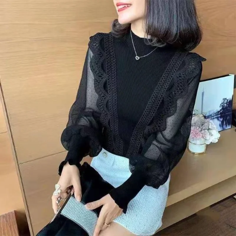 Women's Spring and Autumn New Trendy Half-Turnneck Lace Ear-Ear Chiffon Spliced Knit Sweater Fashionable Base Shirt
Women's Spring and Autumn New Trendy Half-Turnneck Lace Ear-Ear Chiffon Spliced Knit Sweater Fashionable Base Shirt