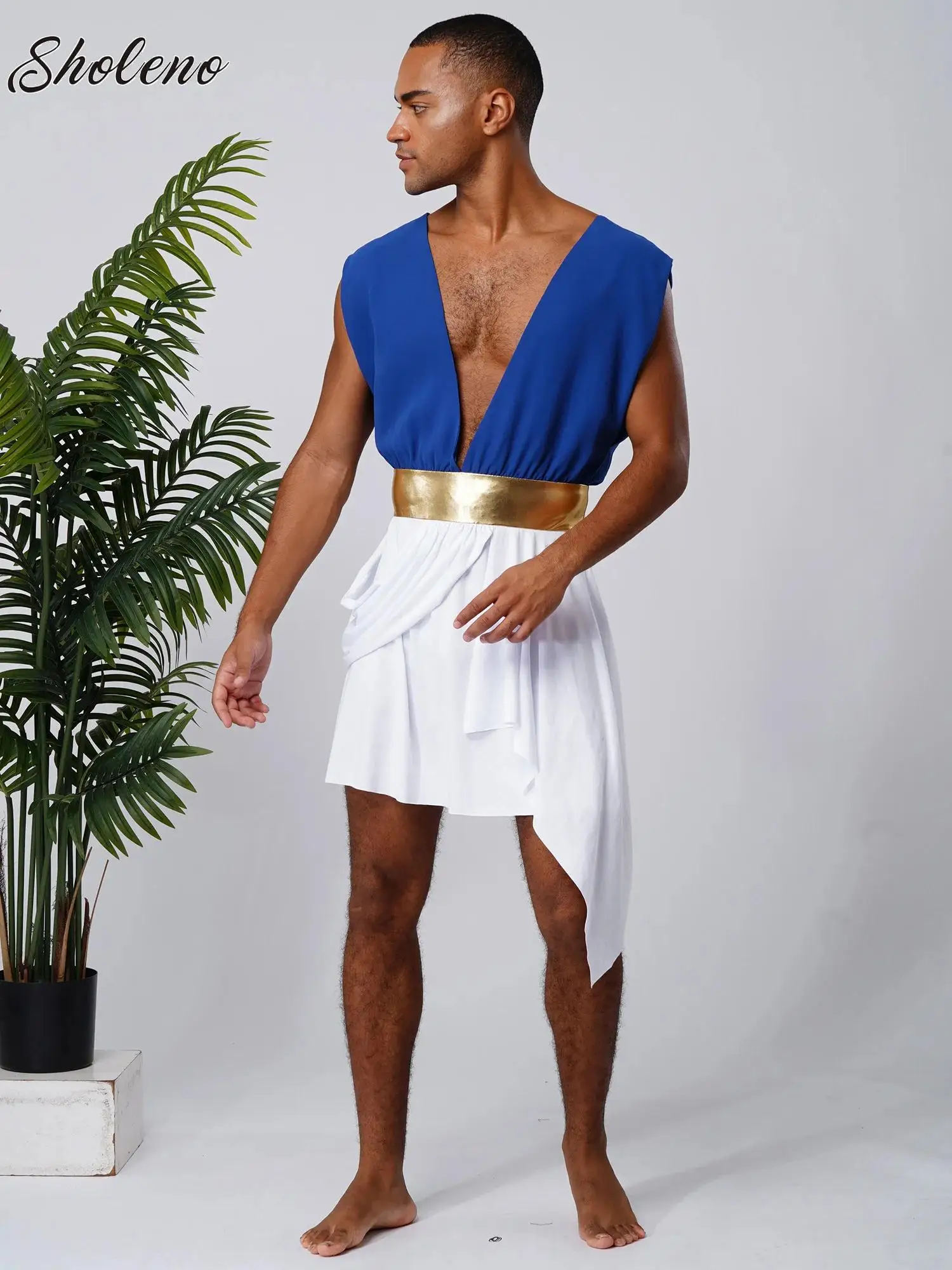 Mens Ancient Greek God Gladiator Cosplay Costumes Toga Deep V-neck Color Block Metallic Roman Robe Halloween King Clothing
Mens Ancient Greek God Gladiator Cosplay Costumes Toga Deep V-neck Color Block Metallic Roman Robe Halloween King Clothing
