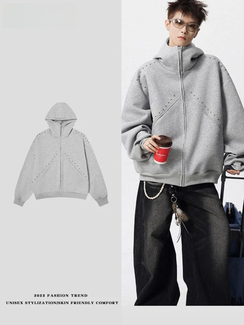 Retro American Splicing Rivet Open Cardigan Sweatshirt Loose Unisex Spring Autumn High Street Versatile Couple Hooded Jacket
Retro American Splicing Rivet Open Cardigan Sweatshirt Loose Unisex Spring Autumn High Street Versatile Couple Hooded Jacket