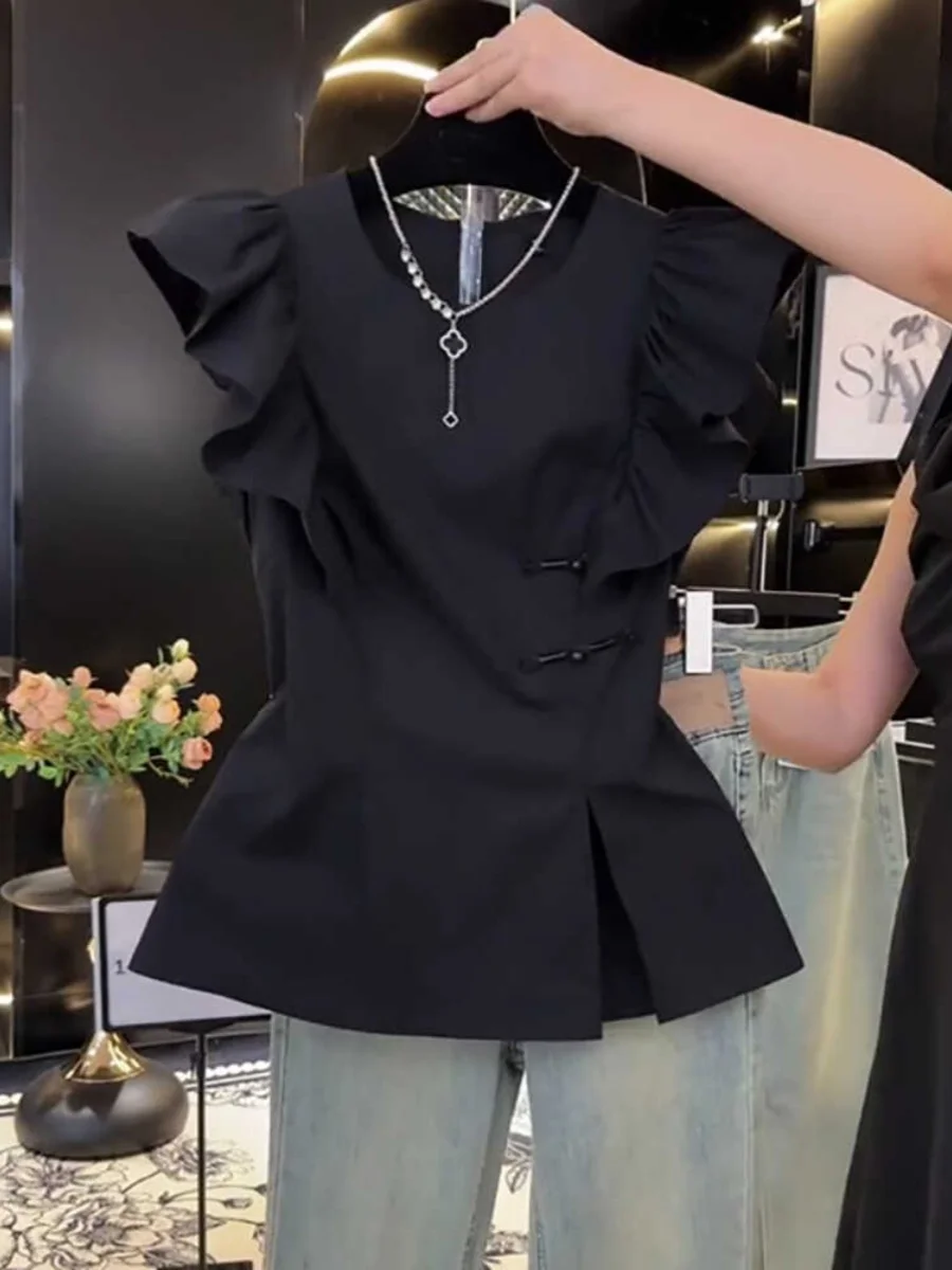 Womens Chinese Style Soft Tops Solid Ruffled Neck T-Shirt Casual Flying Short Sleeve Summer Fashion Stylish Essential Tops Z566
Womens Chinese Style Soft Tops Solid Ruffled Neck T-Shirt Casual Flying Short Sleeve Summer Fashion Stylish Essential Tops Z566