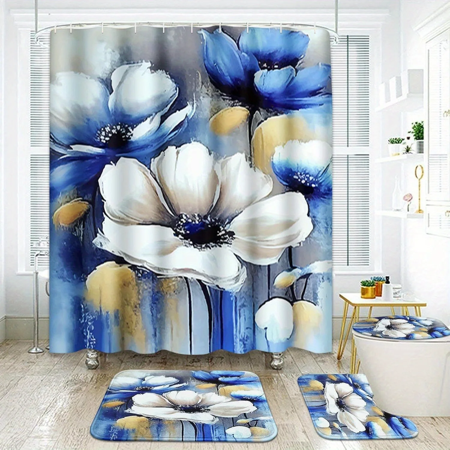 4 предмета синего, белого и золотого цветочного цвета, можно стирать в машине, полиэфирная ткань, занавеска для душа, коврик для унитаза, нескользящий коврик, U-образный коврик 
4 предмета синего, белого и золотого цветочного цвета, можно стирать в машине, полиэфирная ткань, занавеска для душа, коврик для унитаза, нескользящий коврик, U-образный коврик