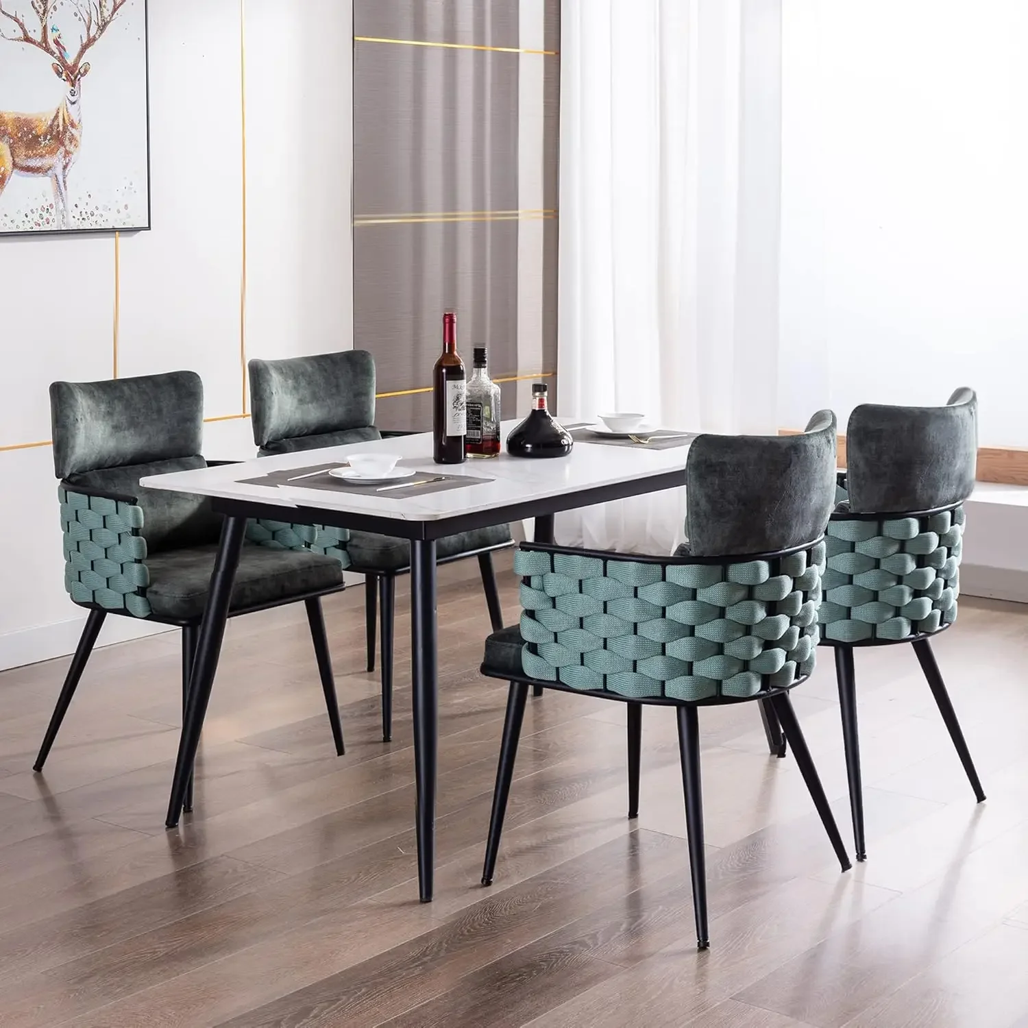 Mid-Century Modern Dining Chairs Set of 4, Handmade Woven Kitchen Chairs, Upholstered Velvet Dining Chairs with Metal Legs
Mid-Century Modern Dining Chairs Set of 4, Handmade Woven Kitchen Chairs, Upholstered Velvet Dining Chairs with Metal Legs