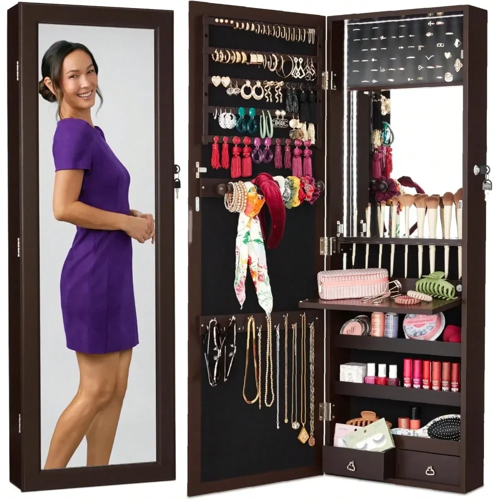 Jewelry Cabinet, Tall Lockable Wall Or Door Mounted Jewelry Armoire Organizer With Mirror, 2 Drawers, Lock, Cosmetic Tray, Shel
Jewelry Cabinet, Tall Lockable Wall Or Door Mounted Jewelry Armoire Organizer With Mirror, 2 Drawers, Lock, Cosmetic Tray, Shel