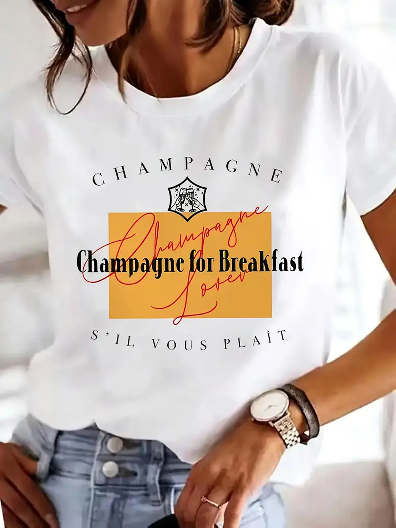 1pc This Fashionable T-Shirt Is Printed with The Words ‘Champagne for Breakfast' And Has a Simple Design, Showing
1pc This Fashionable T-Shirt Is Printed with The Words ‘Champagne for Breakfast' And Has a Simple Design, Showing
