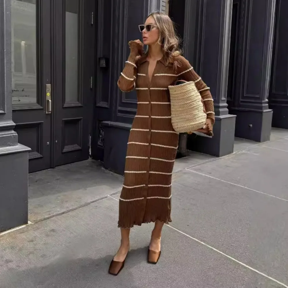 Brown Striped Knitted Dress Women Elegant Long Sleeve Slim Maxi Sweater Dresses Autumn Winter Causal Basic Warm Party Dress 2024
Brown Striped Knitted Dress Women Elegant Long Sleeve Slim Maxi Sweater Dresses Autumn Winter Causal Basic Warm Party Dress 2024