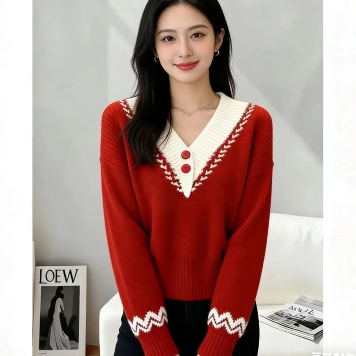 Vintage High-end Red Sweater Women's Loose Casual V Neck Splice Top Knitted Jumper Pullover
Vintage High-end Red Sweater Women's Loose Casual V Neck Splice Top Knitted Jumper Pullover