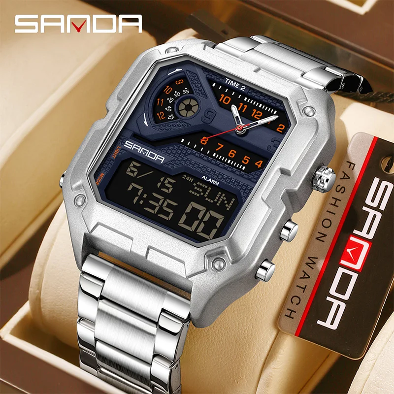 SANDA Steel Band Electronic Watch Men's Night Light Three Ground Time Alarm Clock 12/24 Time 5ATM Waterproof Sports Watch
SANDA Steel Band Electronic Watch Men's Night Light Three Ground Time Alarm Clock 12/24 Time 5ATM Waterproof Sports Watch