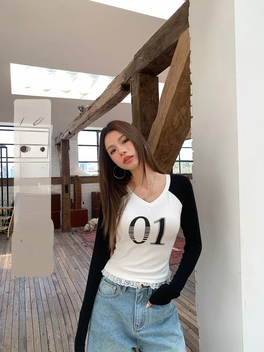 Ibell Zhang V-Ne Long Sve T-irt Lace Trim Color Blo oulder Print Slimming Fit Women's Premium Faion Top
Ibell Zhang V-Ne Long Sve T-irt Lace Trim Color Blo oulder Print Slimming Fit Women's Premium Faion Top