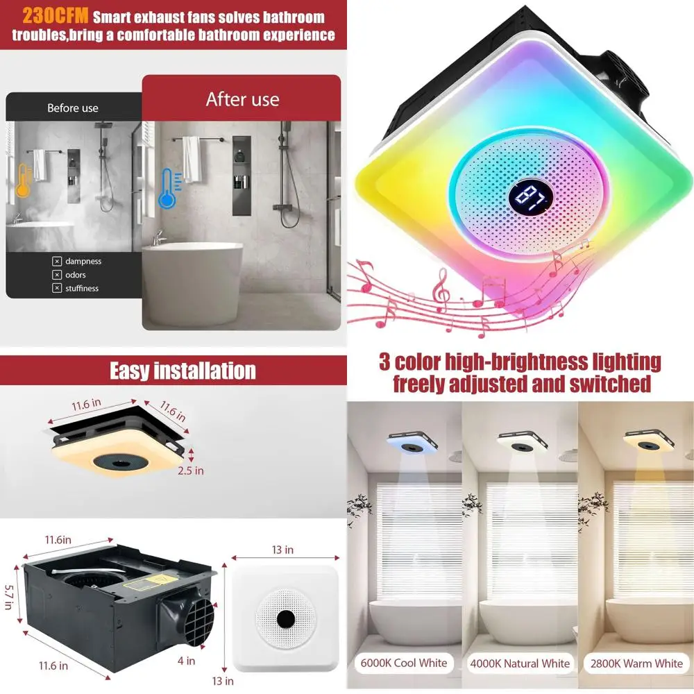 Bathroom Exhaust Fan with Bluetooth Speaker, 7-Color Light, Quiet Operation, Strong Airflow, Easy Installation
Bathroom Exhaust Fan with Bluetooth Speaker, 7-Color Light, Quiet Operation, Strong Airflow, Easy Installation
