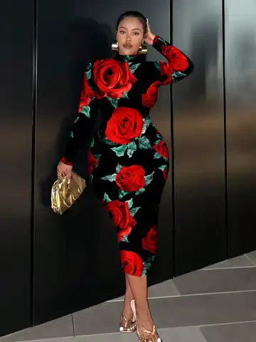 Red Rose Print Long Sleeve Bodycon Dress for Women, Autumn Winter Boho Chic Midi Dress