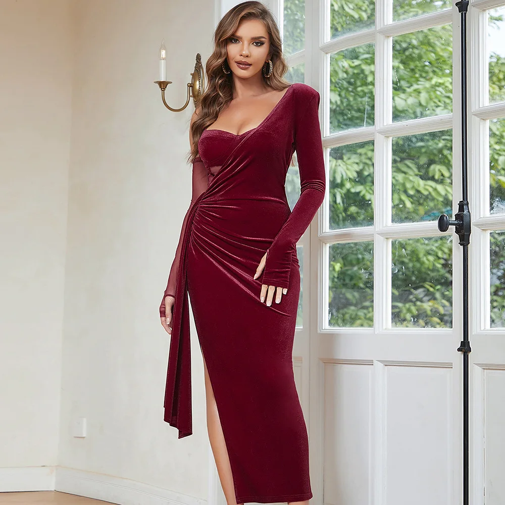 Simple and sexy shoulder collar side slit mesh sleeve long sleeve slim velvet dress women's party sexy temperament elegant high-
Simple and sexy shoulder collar side slit mesh sleeve long sleeve slim velvet dress women's party sexy temperament elegant high-