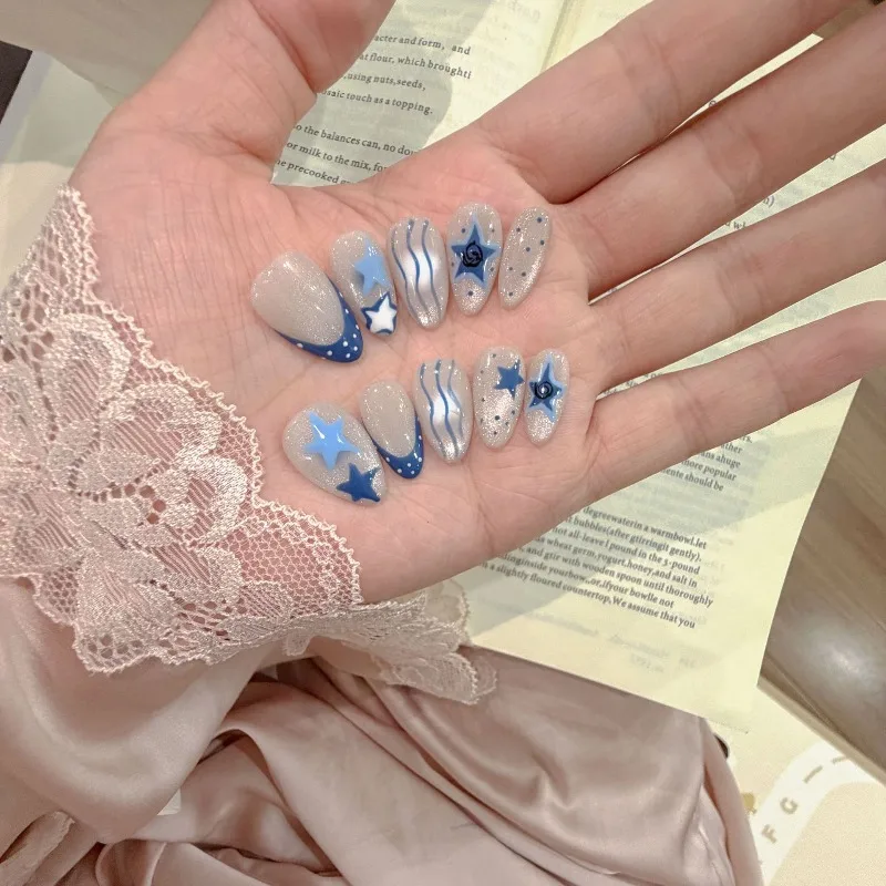 10pcs Handmade Nails Blue Polka Dot French Tip Star and Cat-eye Designs Press-on Nails Perfect As Gifts for Girls and Friends
10pcs Handmade Nails Blue Polka Dot French Tip Star and Cat-eye Designs Press-on Nails Perfect As Gifts for Girls and Friends
