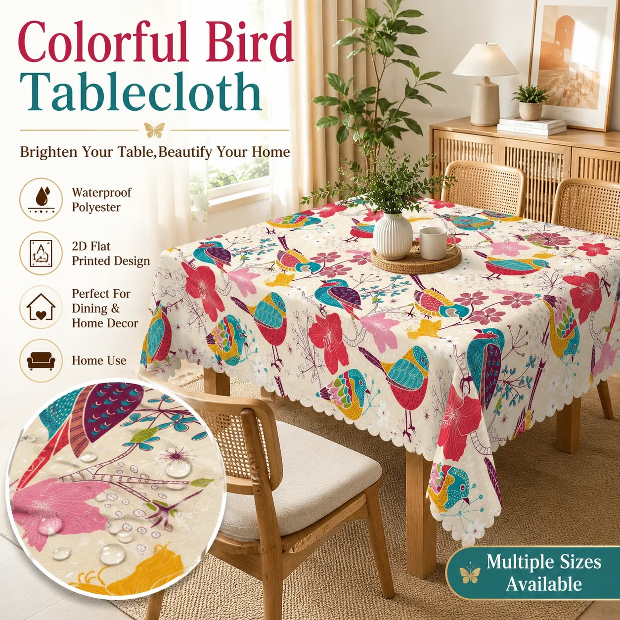 Colorful Bird Floral Tablecloth Waterproof Polyester 2D Flat Printed Table Cover For Kitchen Dining Room Home Decor Party
Colorful Bird Floral Tablecloth Waterproof Polyester 2D Flat Printed Table Cover For Kitchen Dining Room Home Decor Party