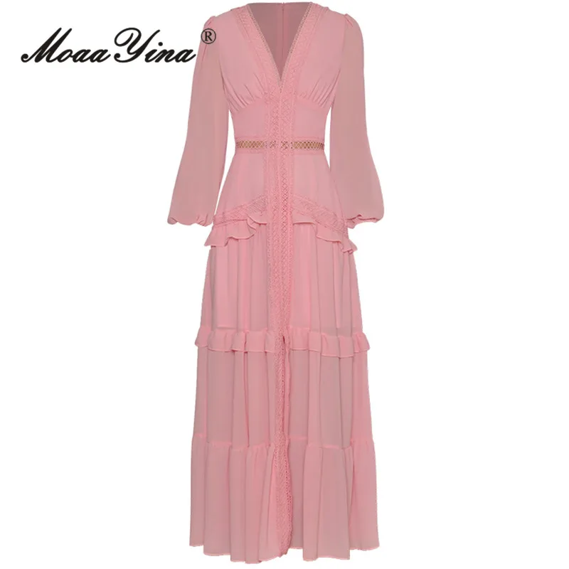 MoaaYina Summer Fashion Runway Pink Vintage Party Dress Women Deep V Neck Hollow Out High Waist Ruffles Spliced Slim Maxi Dress
MoaaYina Summer Fashion Runway Pink Vintage Party Dress Women Deep V Neck Hollow Out High Waist Ruffles Spliced Slim Maxi Dress