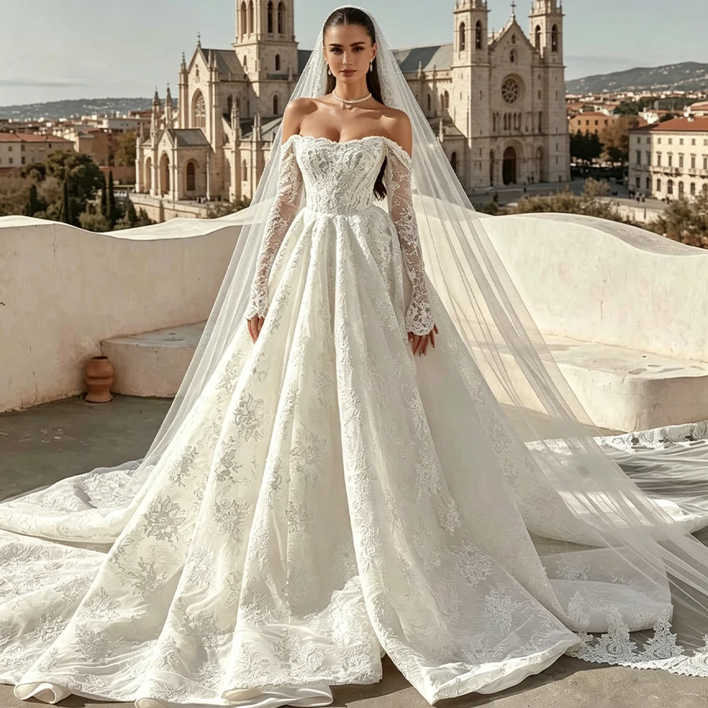 Lace Weddings Dresses Off Shoulder Long Sleeve A Line Princess Bridal Dress Strapless Sweep Train Church Bride Gown Customized
Lace Weddings Dresses Off Shoulder Long Sleeve A Line Princess Bridal Dress Strapless Sweep Train Church Bride Gown Customized