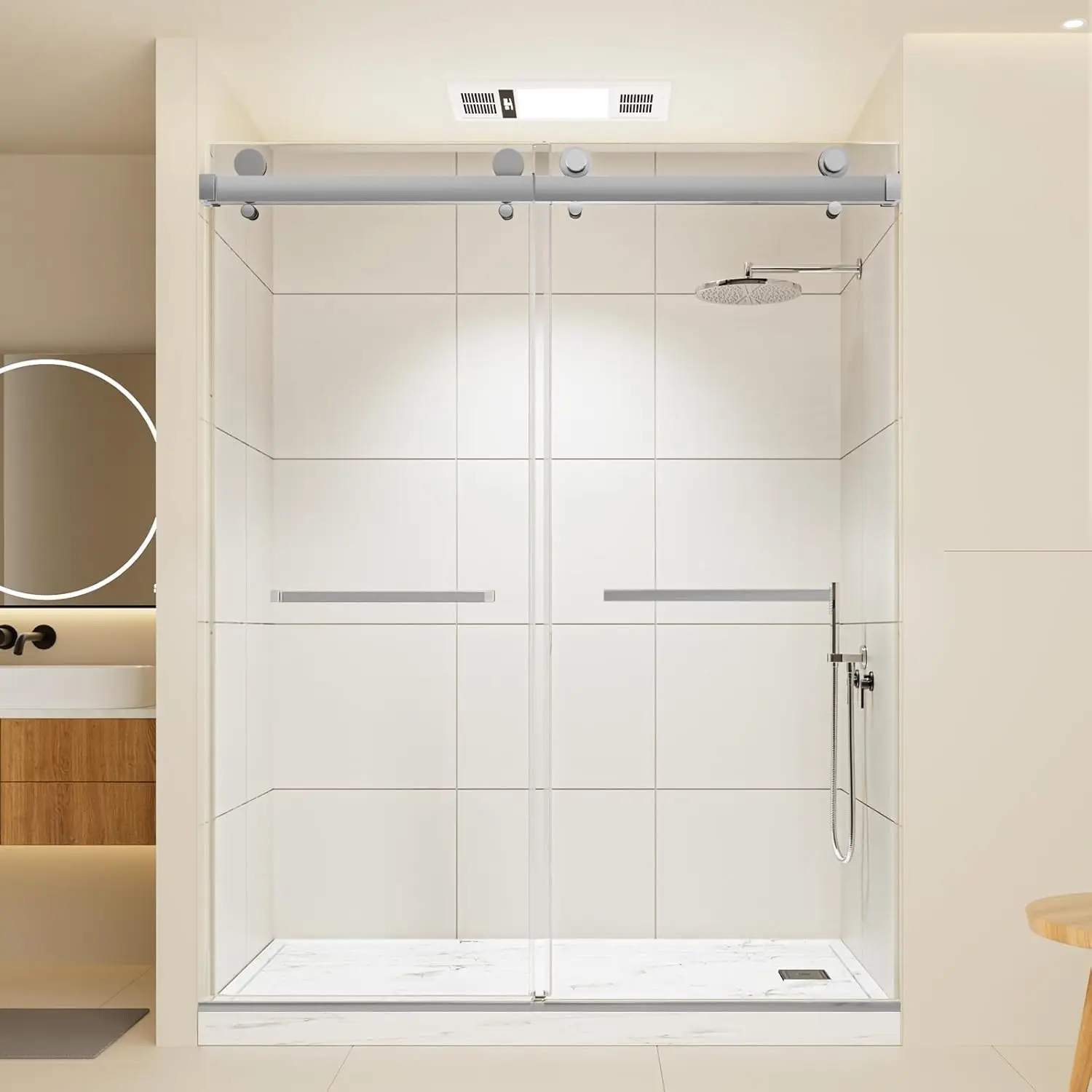 60" W x 74" H Double Sliding Glass Shower Door, 5/16" (8mm) Tempered Clear Shower Glass Door with Explosion-Proof Film
60" W x 74" H Double Sliding Glass Shower Door, 5/16" (8mm) Tempered Clear Shower Glass Door with Explosion-Proof Film