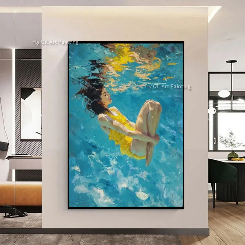 Modern Light Blue Sea Canvas Thick Artwork New Fashional Design Girl Wear Yellow Dress Swimming Oil Painting For Home Decor
Modern Light Blue Sea Canvas Thick Artwork New Fashional Design Girl Wear Yellow Dress Swimming Oil Painting For Home Decor
