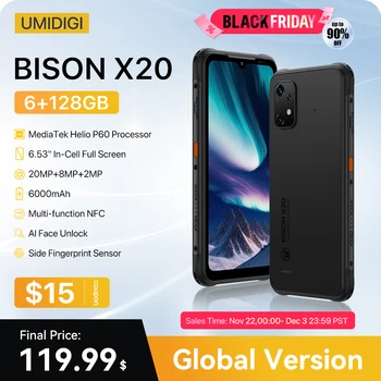 UMIDIGI BISON X20 견고한 스마트폰, MTK Helio P60 옥타코어, 6GB 128GB, 6.53 인치 HD, 안드로이드 13, 6000mAh 배터리, NFC, 월드 프리미어