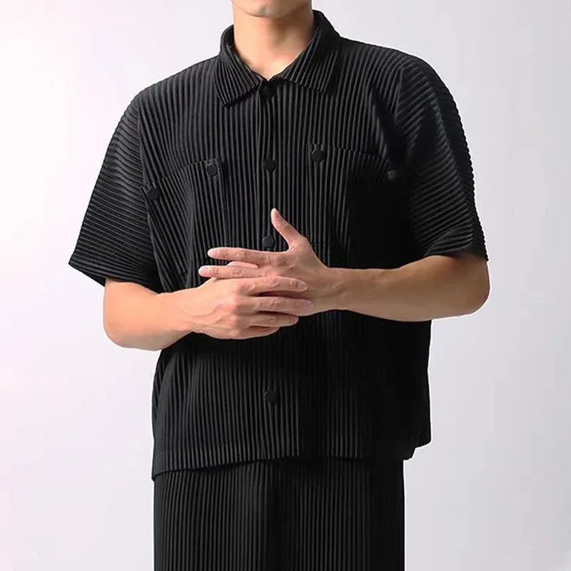 Miyake Pleated Men’s Clothing Japanese Style Short Sleeve Shirt Summer Loose Casual Fashion Lapel Button Down Top Streetwear 
Miyake Pleated Men’s Clothing Japanese Style Short Sleeve Shirt Summer Loose Casual Fashion Lapel Button Down Top Streetwear