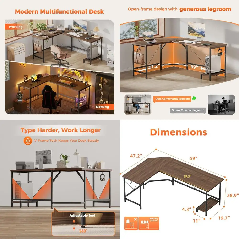 59 Large L-Shaped Gaming Desk with Cable Management and Hooks, Ideal for Home Office or Bedroom
59 Large L-Shaped Gaming Desk with Cable Management and Hooks, Ideal for Home Office or Bedroom