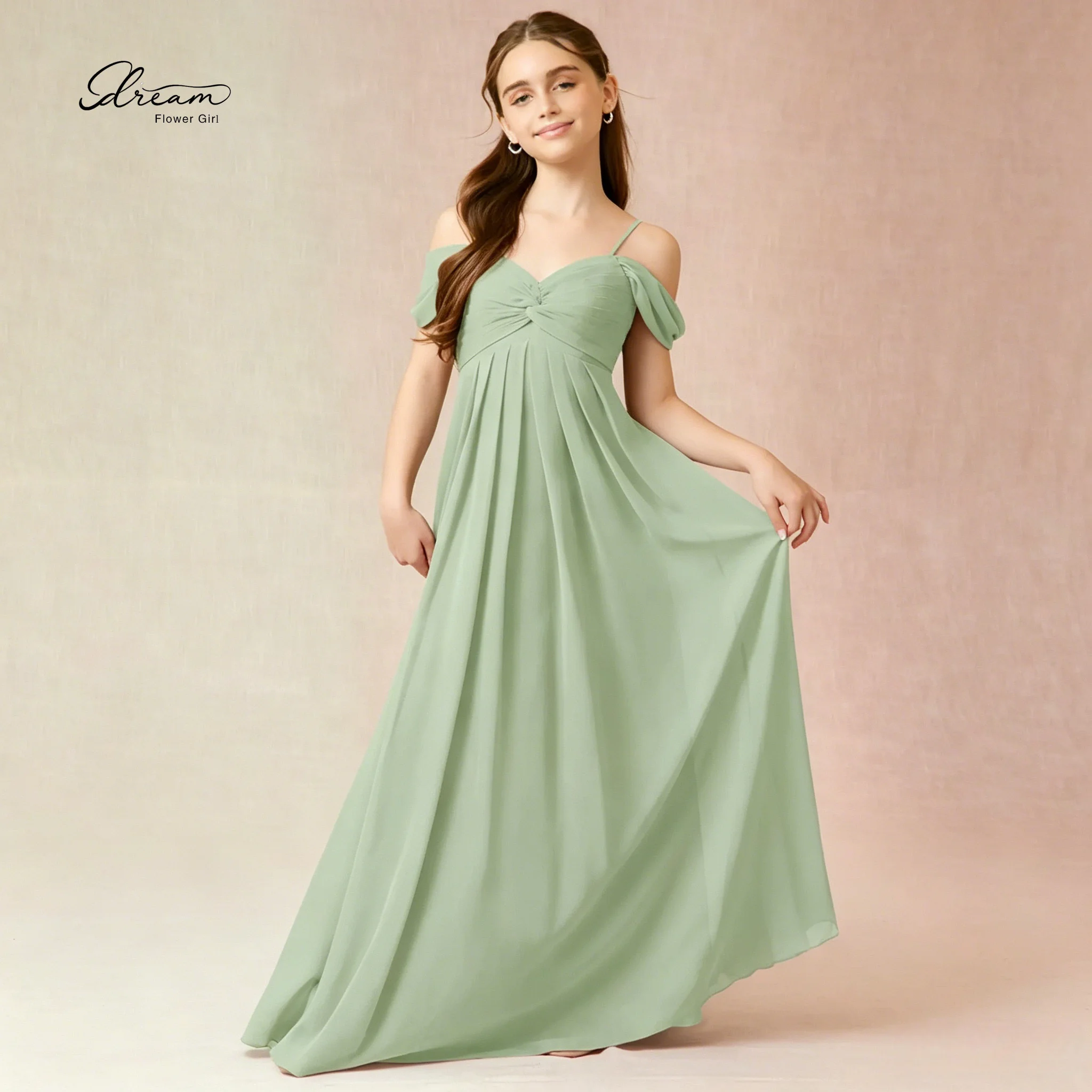 Green V-Neck Off-Shoulder Sleeveless Chiffon Floor-Length Children's Formal Gown with Pleated Waist Design
Green V-Neck Off-Shoulder Sleeveless Chiffon Floor-Length Children's Formal Gown with Pleated Waist Design