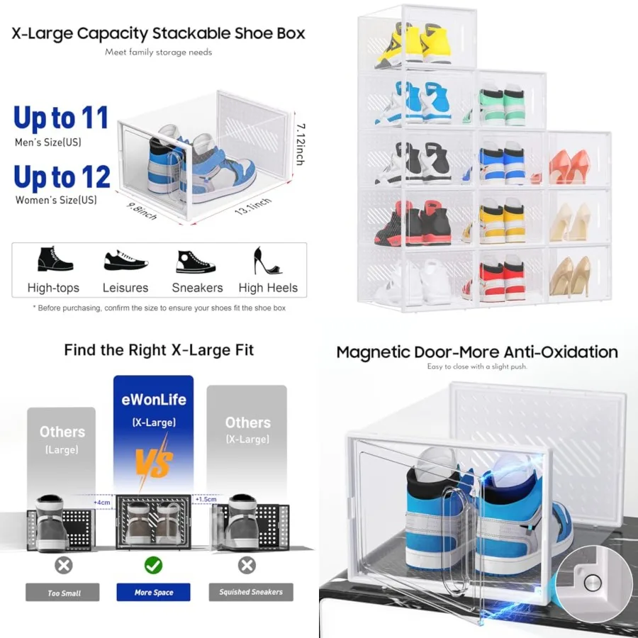Large Shoe Organizer Storage Box with Magnetic Door, 12 Pack Clear Plastic Stackable Sneaker Containers for Closet, Connect Lef
Large Shoe Organizer Storage Box with Magnetic Door, 12 Pack Clear Plastic Stackable Sneaker Containers for Closet, Connect Lef