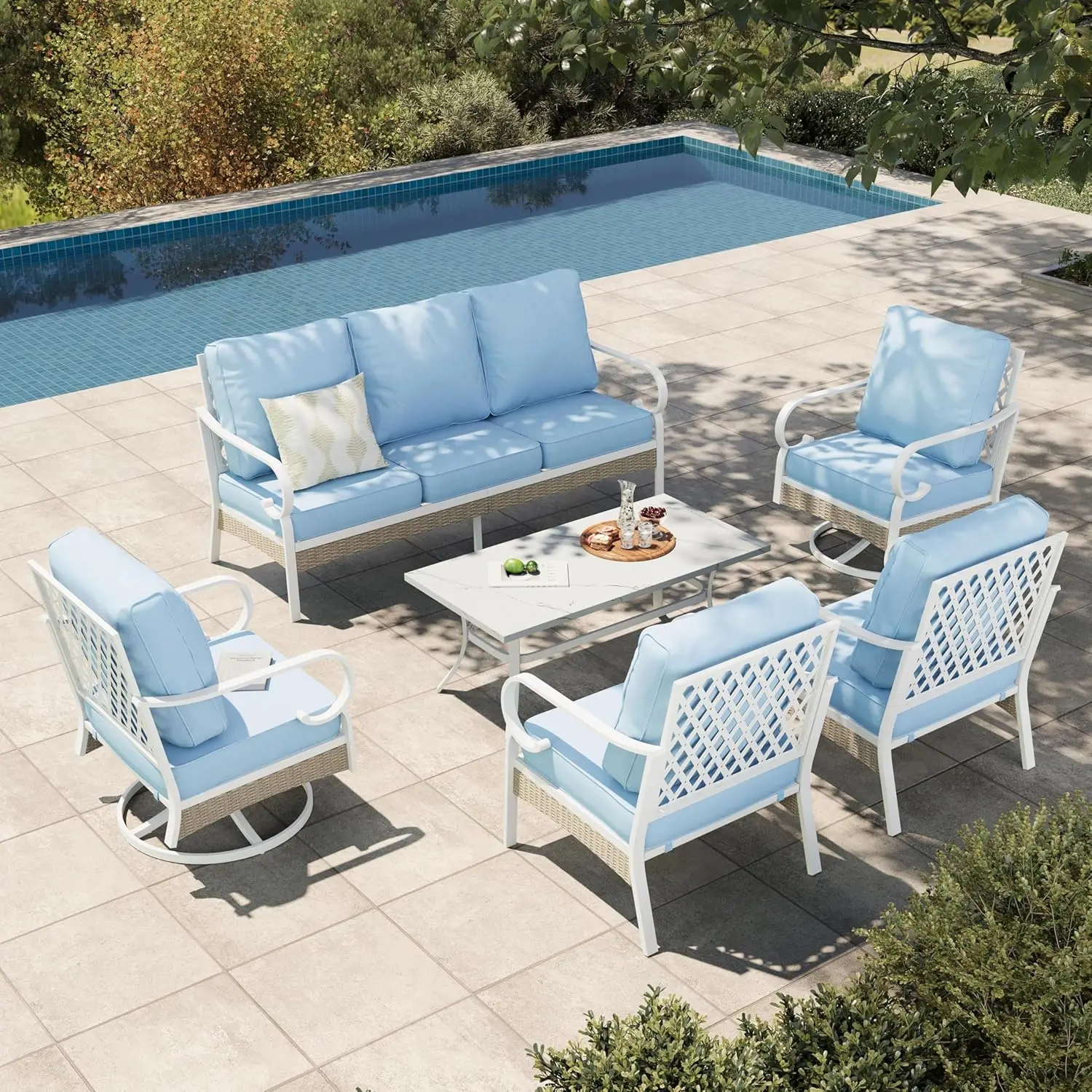 Комплект садовой мебели из 6 предметов, всепогодный набор для отдыха на открытом воздухе с 3-местным диваном, 2 вращающимися и 2 стационарными креслами, на заказ
Комплект садовой мебели из 6 предметов, всепогодный набор для отдыха на открытом воздухе с 3-местным диваном, 2 вращающимися и 2 стационарными креслами, на заказ