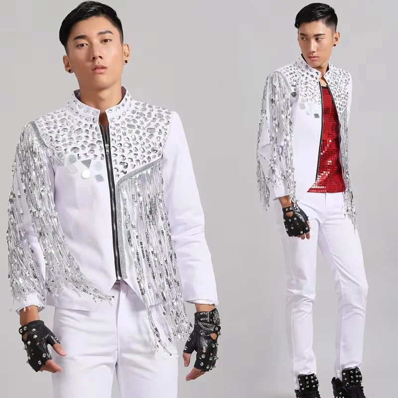 Men's Silver Tassel Rhinestones Vest Coat Hip hop Jazz Dance wear Nightclub Male Singer Dancer Stage Show Performance Costumes
Men's Silver Tassel Rhinestones Vest Coat Hip hop Jazz Dance wear Nightclub Male Singer Dancer Stage Show Performance Costumes