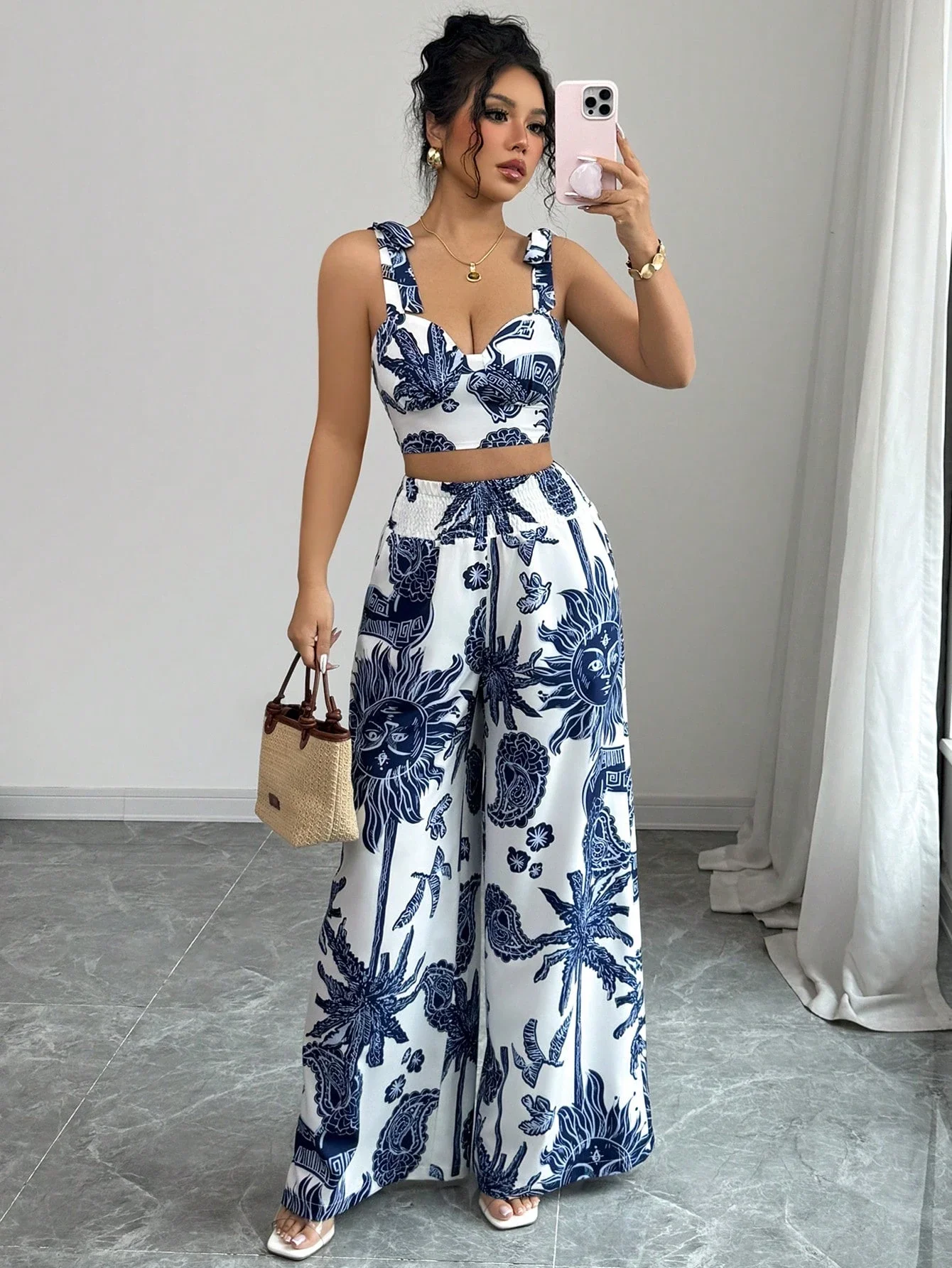 Bohemian Blue White Print Camisole Top And Wide Leg Pants 2 Piece Vacation Outfit
Bohemian Blue White Print Camisole Top And Wide Leg Pants 2 Piece Vacation Outfit