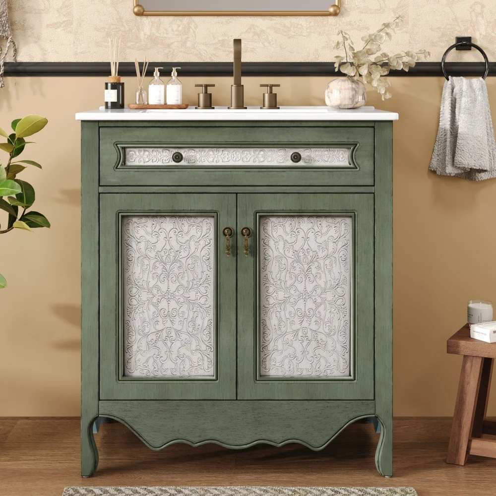 30" Antique Pattern Bathroom Vanity with Rectangle Ceramic Sink, Bathroom Vanity Cabinet with Tip-Out Tray / Flip-Out Drawer
30" Antique Pattern Bathroom Vanity with Rectangle Ceramic Sink, Bathroom Vanity Cabinet with Tip-Out Tray / Flip-Out Drawer