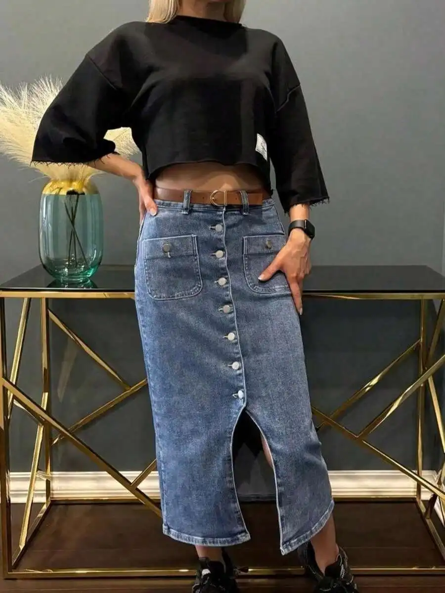 Womens Vintage A-Line Denim Skirt With Button Front And Front Slit
Womens Vintage A-Line Denim Skirt With Button Front And Front Slit