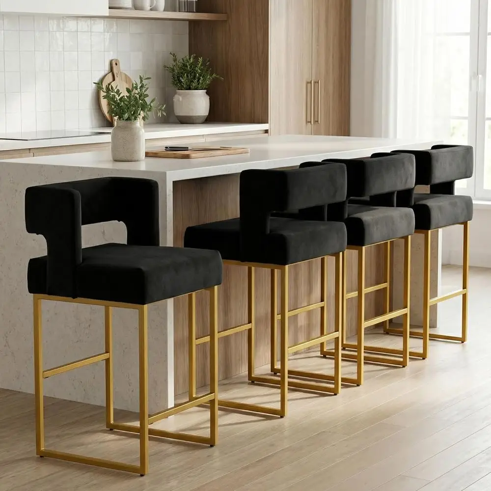 Набор из 4 барных стульев для высоких столешниц, с обивкой из велюра, со спинкой и подлокотниками, металлические ножки, подходят для кухонного острова или дома.
Набор из 4 барных стульев для высоких столешниц, с обивкой из велюра, со спинкой и подлокотниками, металлические ножки, подходят для кухонного острова или дома.