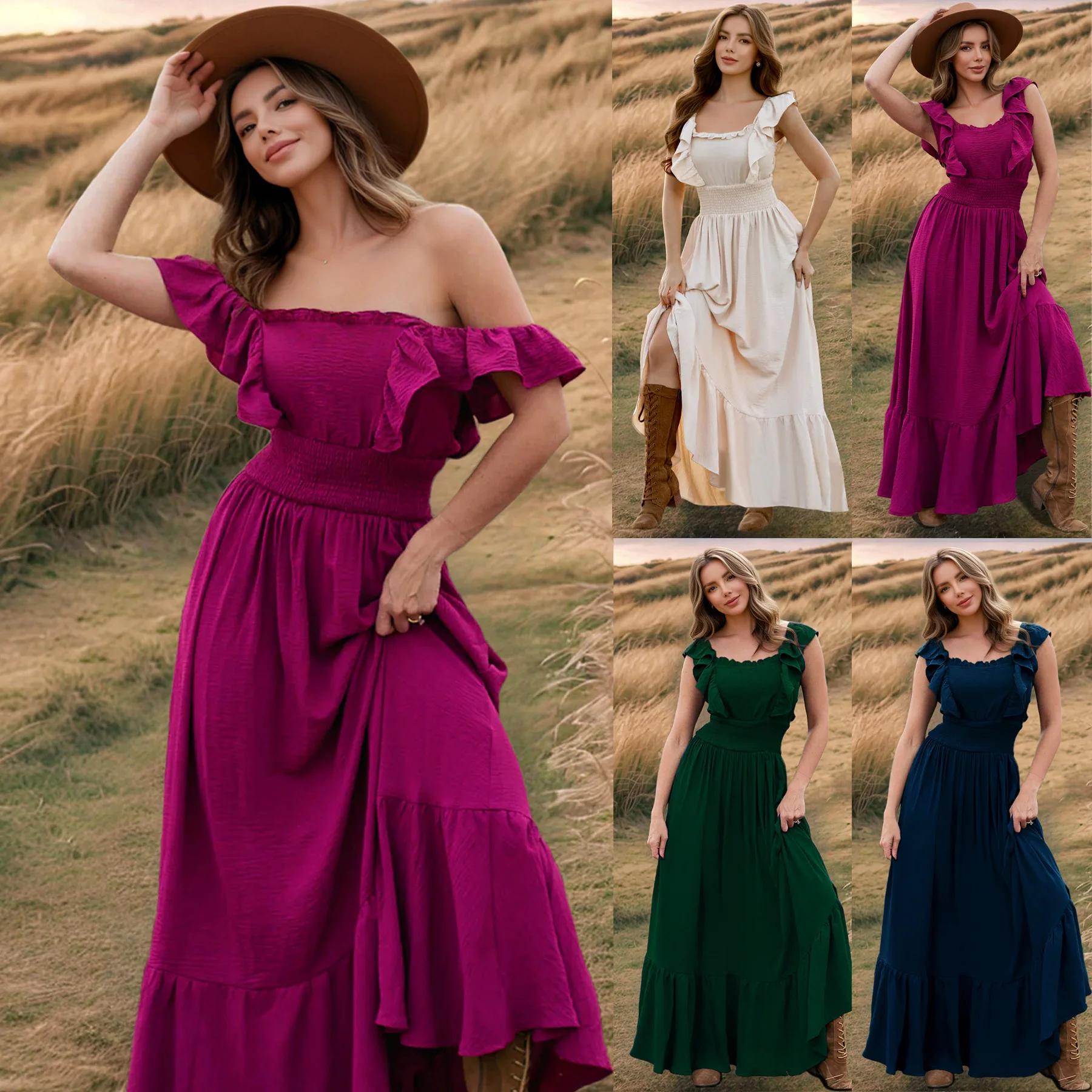 French Retro Slash Neck Off-the-shoulder Dress Fashionable and Slim Temperament Ruffle Edge Solid Color Long Dresses for Women
French Retro Slash Neck Off-the-shoulder Dress Fashionable and Slim Temperament Ruffle Edge Solid Color Long Dresses for Women