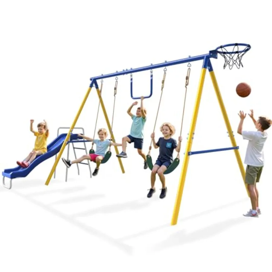 Backyard outdoor playset for kids 3-12: heavy-duty metal swing set in gray, 5-in-1 with slide, 2 swings, basketball hoop gymnas
Backyard outdoor playset for kids 3-12: heavy-duty metal swing set in gray, 5-in-1 with slide, 2 swings, basketball hoop gymnas