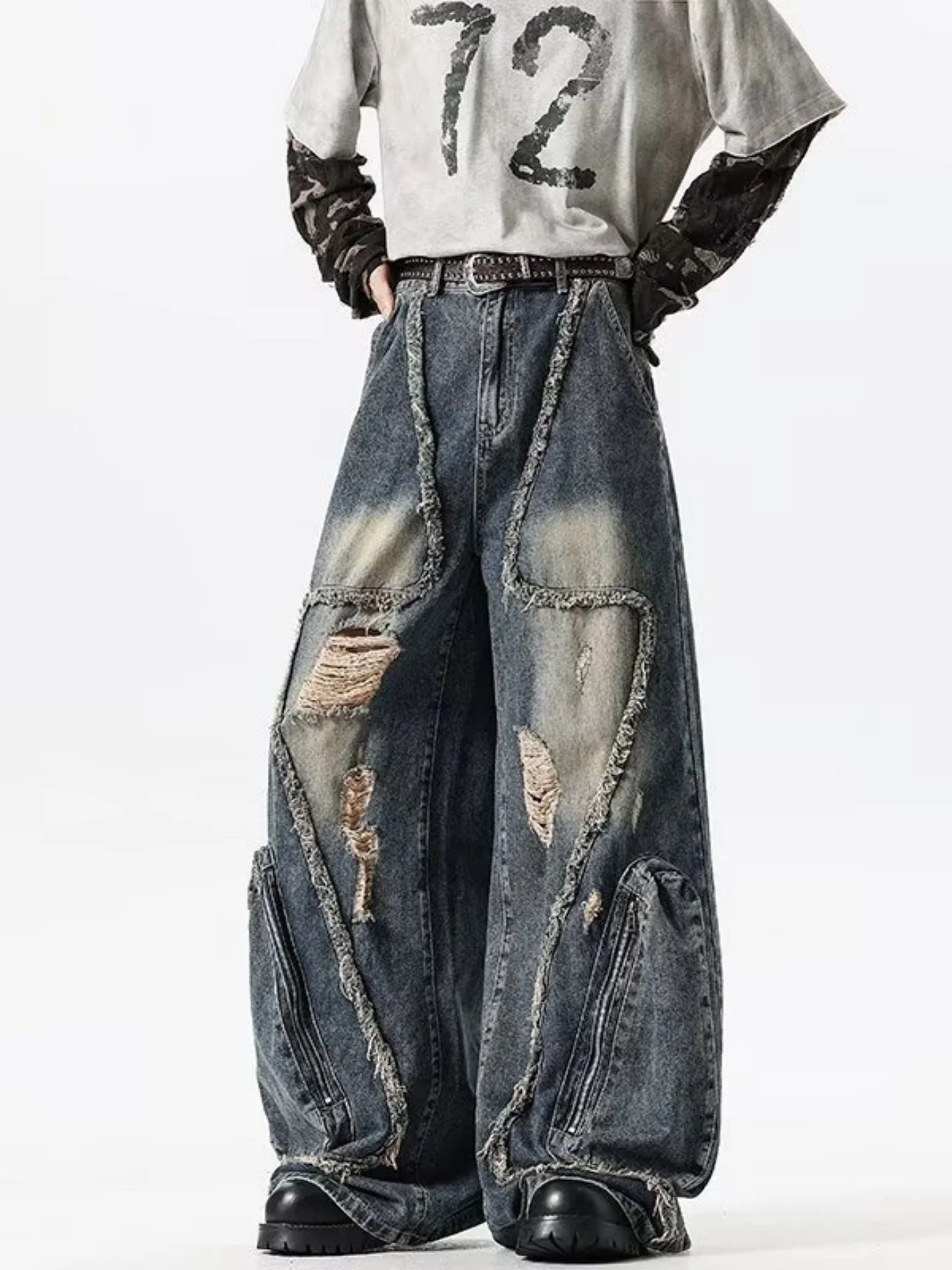 Dark Heavy Industry Patchwork Wide Leg Workwear Jeans Men's American Street Style Ripped Outlined Knife Long Pants
Dark Heavy Industry Patchwork Wide Leg Workwear Jeans Men's American Street Style Ripped Outlined Knife Long Pants