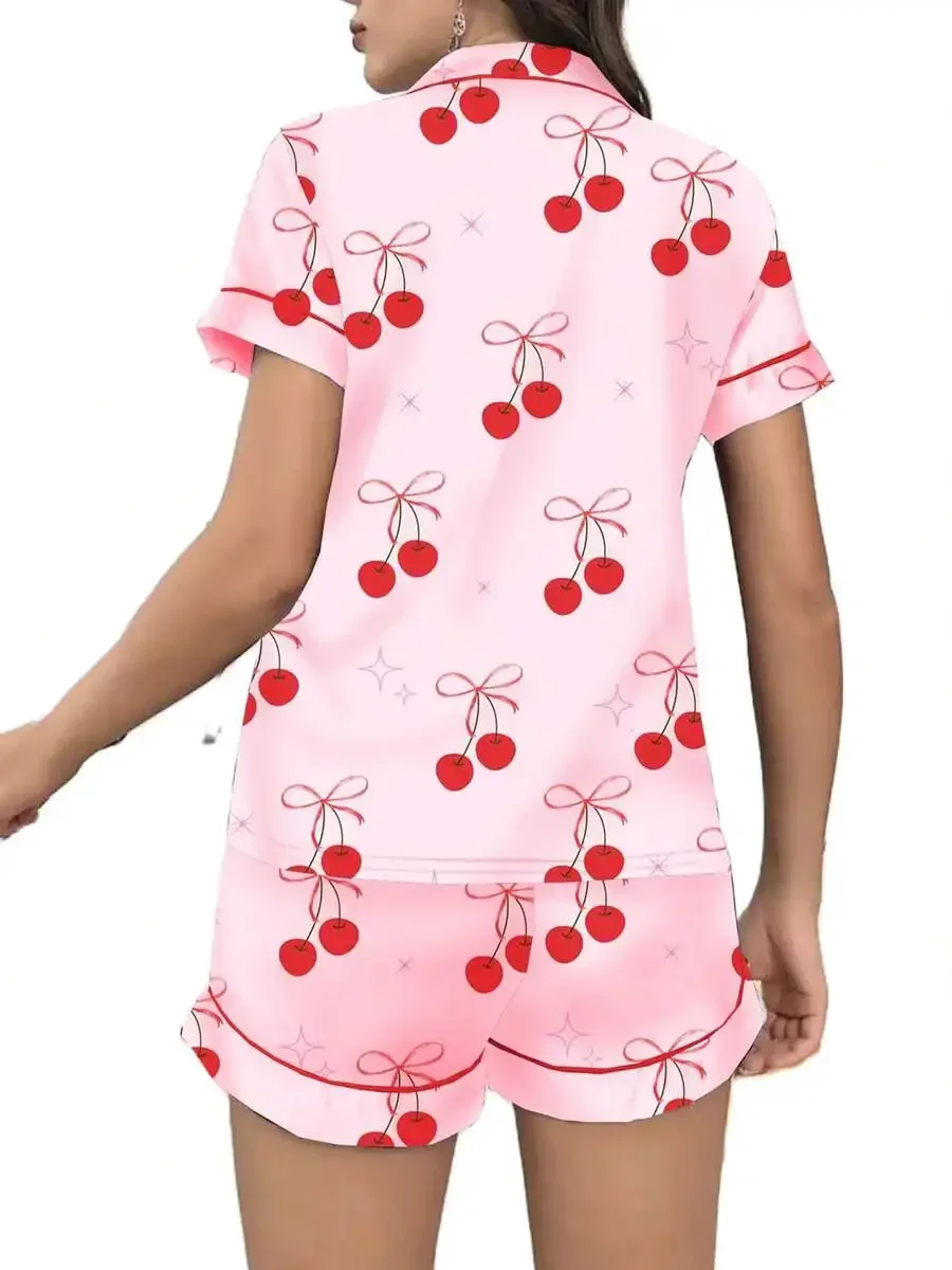 Women Satin Cherry Print Pajama Set Button Up Shirt With Shorts Loungewear Sleepwear
Women Satin Cherry Print Pajama Set Button Up Shirt With Shorts Loungewear Sleepwear