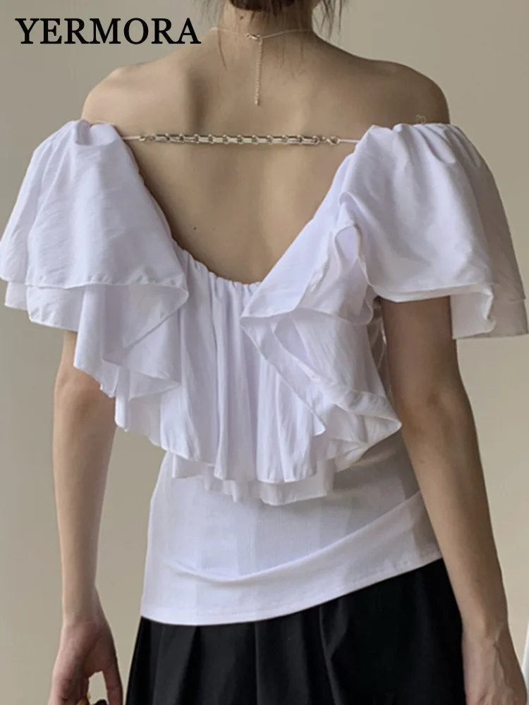 YERMORA White Backless Pleated Elegant Blouse For Women Round Collar Short Sleeve Loose New Shirt Fsahion Spring Summer 2025
YERMORA White Backless Pleated Elegant Blouse For Women Round Collar Short Sleeve Loose New Shirt Fsahion Spring Summer 2025