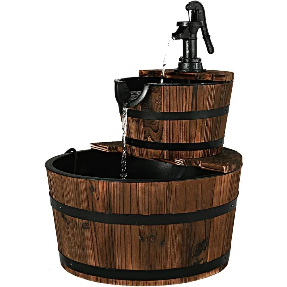 2-Tier Barrel Water Fountain Outdoor, Rustic Cascade Fountain with Hand Pump & Adjustable Flow–Freestanding Yard Garden Fountain 
2-Tier Barrel Water Fountain Outdoor, Rustic Cascade Fountain with Hand Pump & Adjustable Flow–Freestanding Yard Garden Fountain