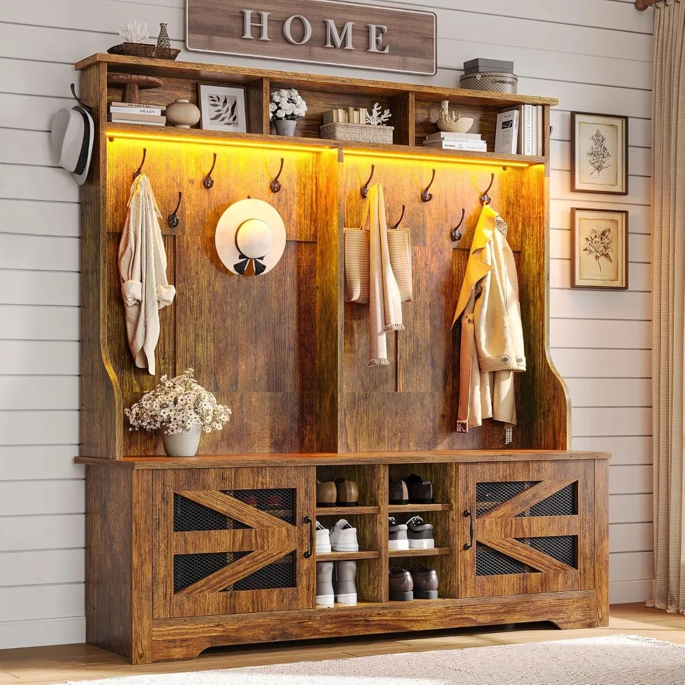 Hall Tree with Bench and Shoe Storage, 5-in-1 Entryway Bench with Coat Rack, 16 Shoe Cubbies & 12 Coat Hooks, Barn Door
Hall Tree with Bench and Shoe Storage, 5-in-1 Entryway Bench with Coat Rack, 16 Shoe Cubbies & 12 Coat Hooks, Barn Door