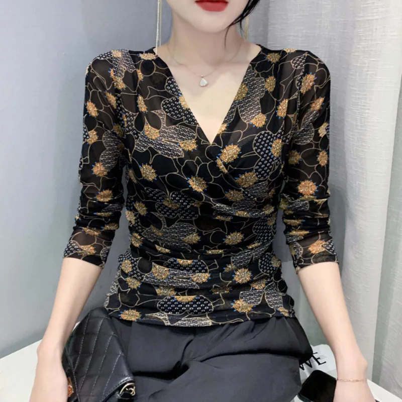 #7904 Black Wrap T Shirt Women V-neck Sexy 3D Flower Printed Tshirt Female Long Sleeve Tight Mesh Short Tee Ladies Thin Vintage
#7904 Black Wrap T Shirt Women V-neck Sexy 3D Flower Printed Tshirt Female Long Sleeve Tight Mesh Short Tee Ladies Thin Vintage