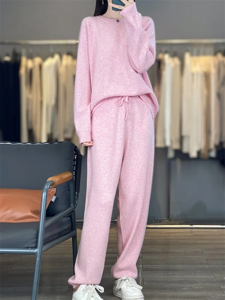Women's matching set 100% Merino wool round neck sweater+straight elastic waist pants two-piece set knitted women's clothing
Women's matching set 100% Merino wool round neck sweater+straight elastic waist pants two-piece set knitted women's clothing
