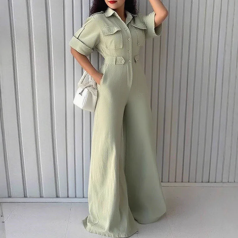 Women Casual Solid Straight Playsuit New Spring Turn-down Collar Button Shirt Office Jumpsuit Romper Summer Cargo Pants Overalls
Women Casual Solid Straight Playsuit New Spring Turn-down Collar Button Shirt Office Jumpsuit Romper Summer Cargo Pants Overalls