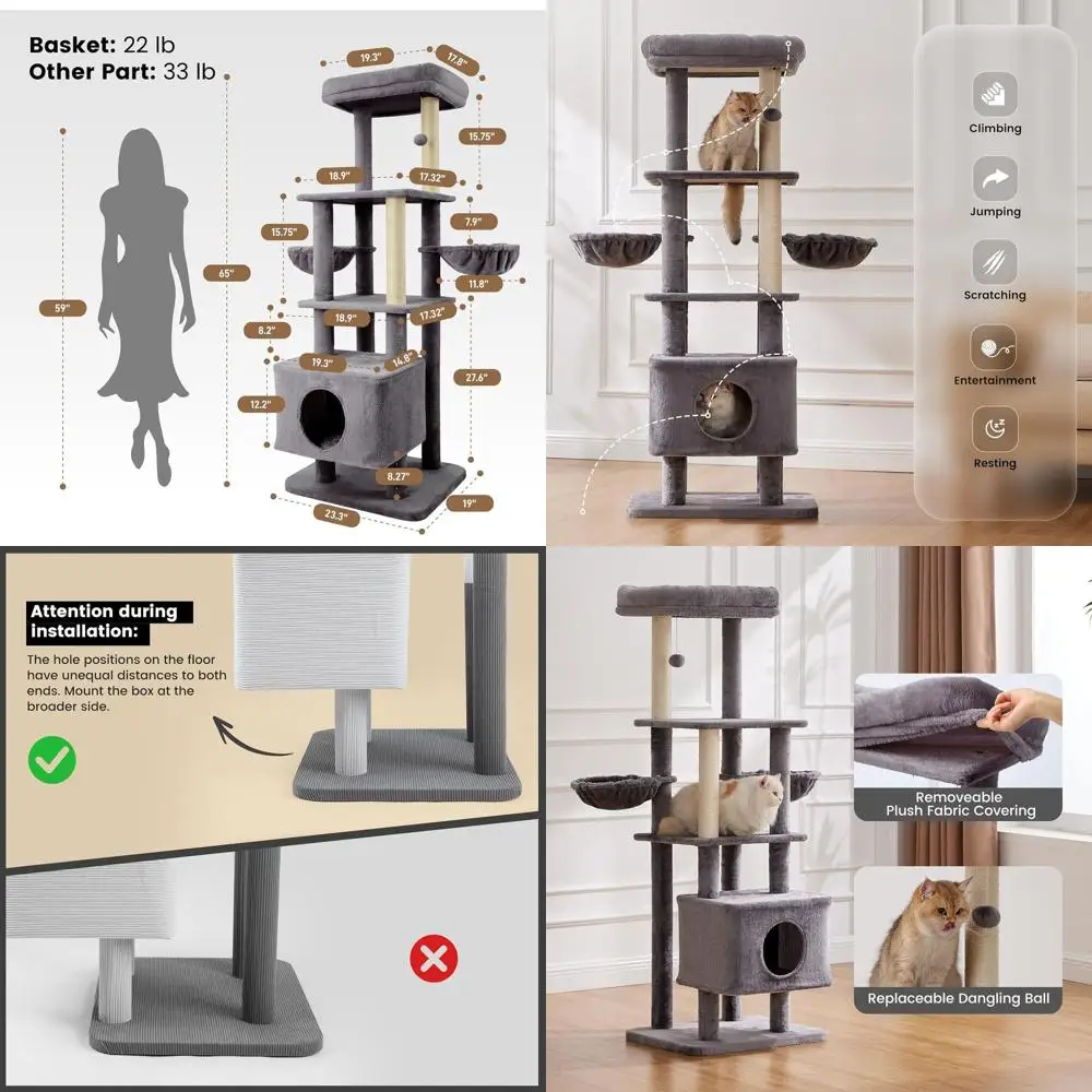 Прочная многоуровневая кошачья башня для больших кошек 65, с сизалевым когтеточком, гамаком и просторной платформой (серый)
Прочная многоуровневая кошачья башня для больших кошек 65, с сизалевым когтеточком, гамаком и просторной платформой (серый)