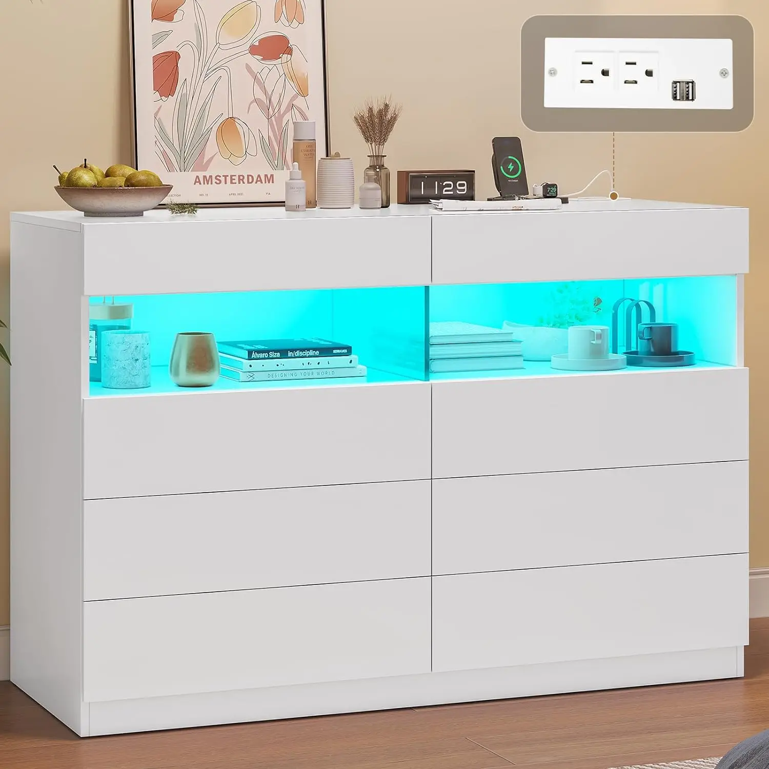 Dresser with Charging Station & RGB Light, 8-Drawer Dresser for Bedroom, Wide Wooden Chest of Drawers, No-Handles Double Dresser
Dresser with Charging Station & RGB Light, 8-Drawer Dresser for Bedroom, Wide Wooden Chest of Drawers, No-Handles Double Dresser